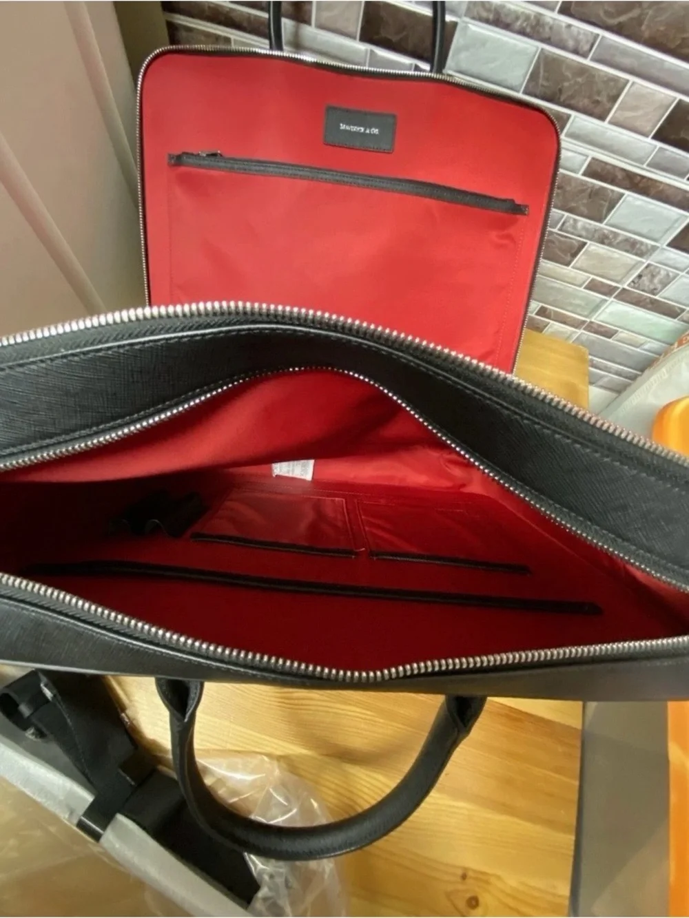 Maverick & Co Manhattan Double Zip Leather Briefcase Black/Red